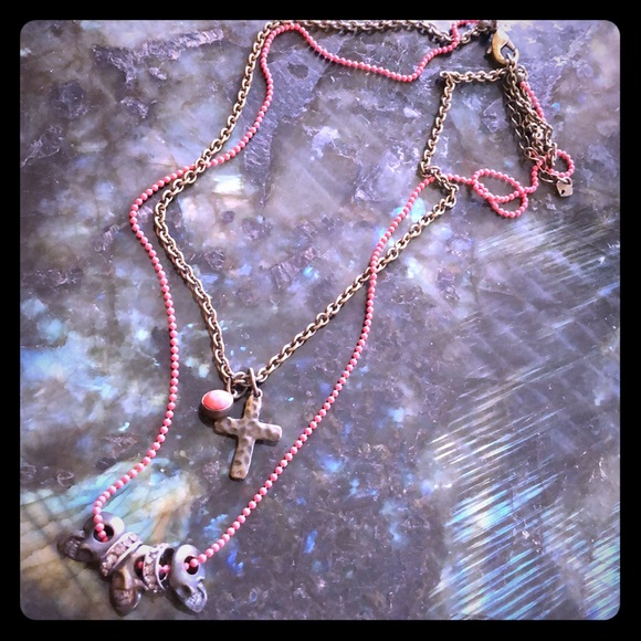 Punk‎ Layered Pink Skull and Cross Necklace Goth - Picture 2 of 6